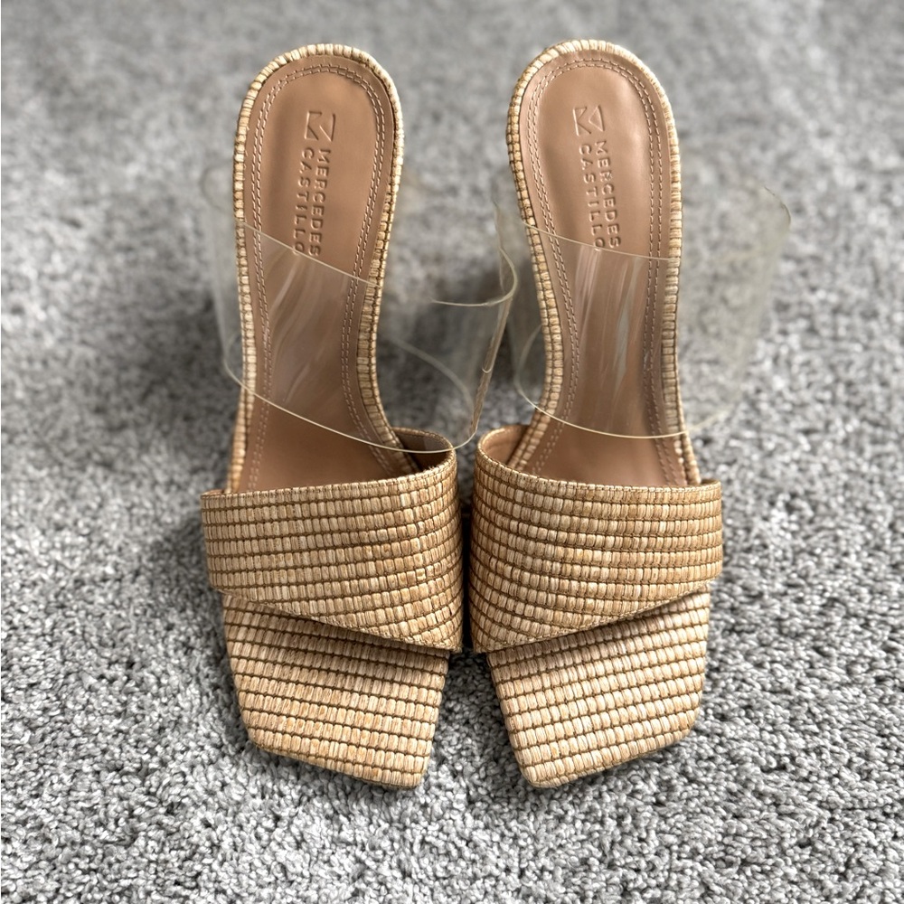 Rare Mercedes Castello woven chunky unique heel. Clear strap sandal